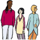 Eine schwarze Frau, eine PoC-Frau und eine PoC-Frau mit Kopftuch stehen nebeneinander. 